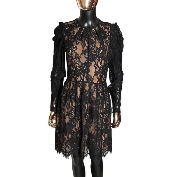 Michael Kors Lace Dress Black Puff Sleeve Nude Lining Floral Overlay Party SZ 4 - Picture 3 of 14